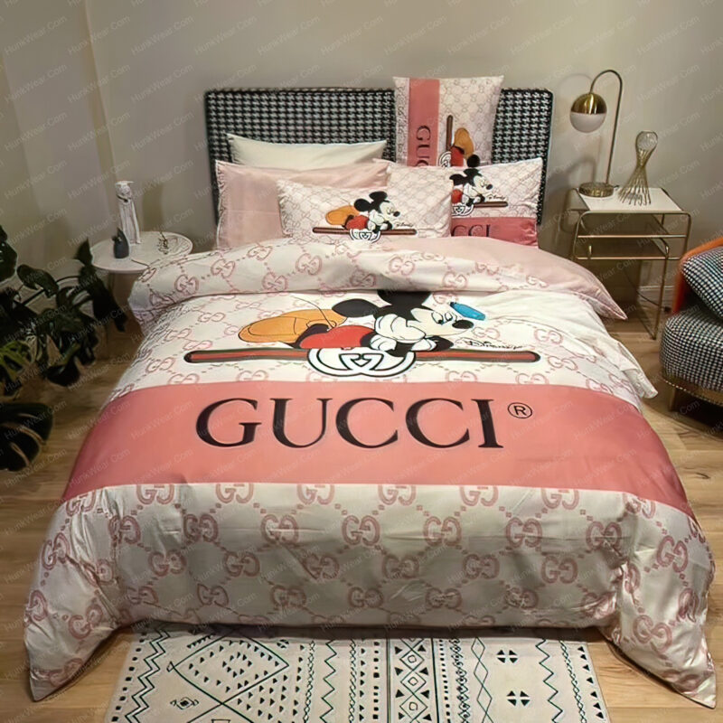 Best Gucci x Mickey Disney In Pink Monogram Background Bedroom Set