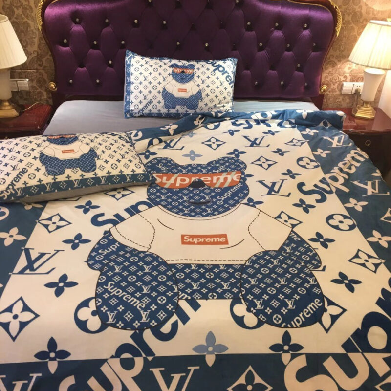 Best Louis Vuitton x Supreme Teddy Bear Bedding Set