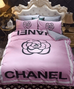 Chanel Black Signature Flower in Pink Background Bedding Set