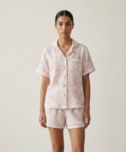 French Cottage Short Sleeves and Shorts Cotton Pajama Set / Pink