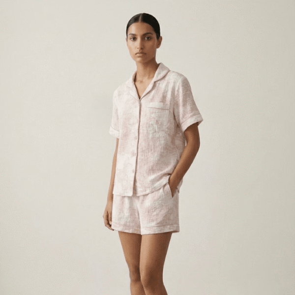 Alternative view of French Cottage Short Sleeves and Shorts Cotton Pajama Set / Pink