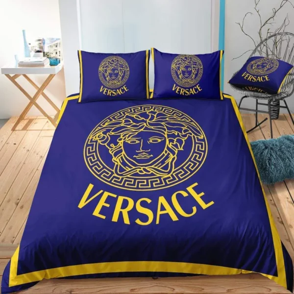 Golden Logo Blue Versace Bedding Sets Luxury Brand Bed Sets, Bedroom Sets, Comforter Sets, Duvet Cover, For Trending 2023 For Home Bedding Sets