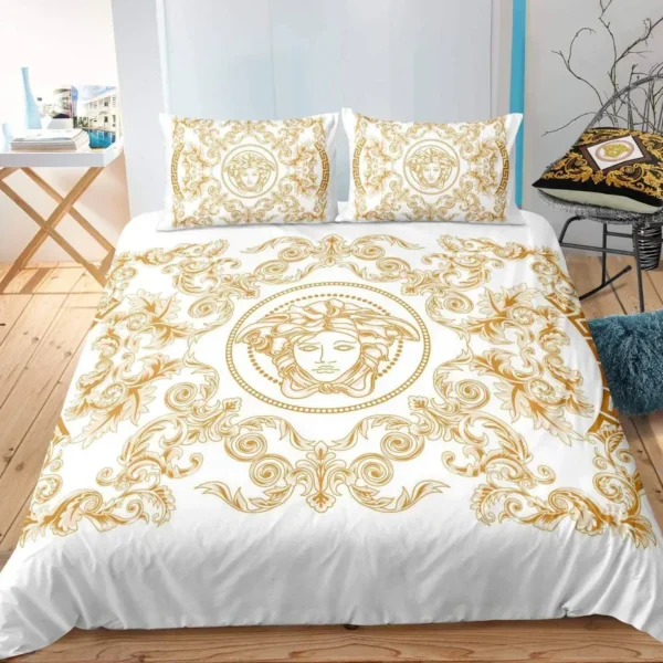 Medusa Golden Pattern White Versace Bedding Sets Luxury Brand Bed Sets, Bedroom Sets, Comforter Sets