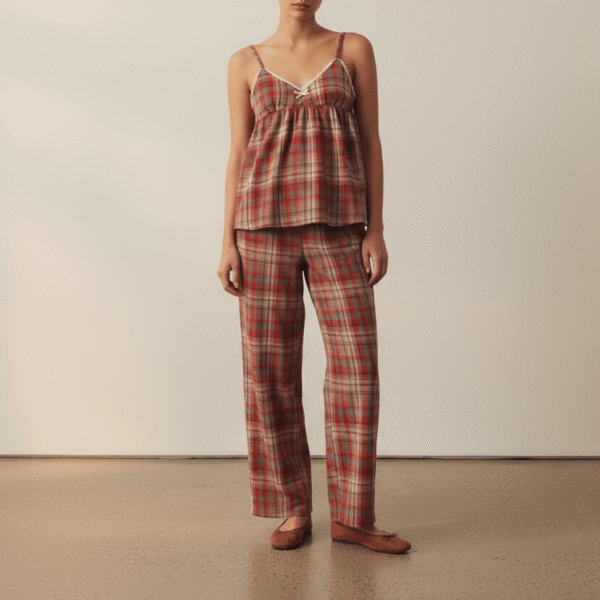Sweet Lace Red Plaid Ribbon Pajama Set / V Neck