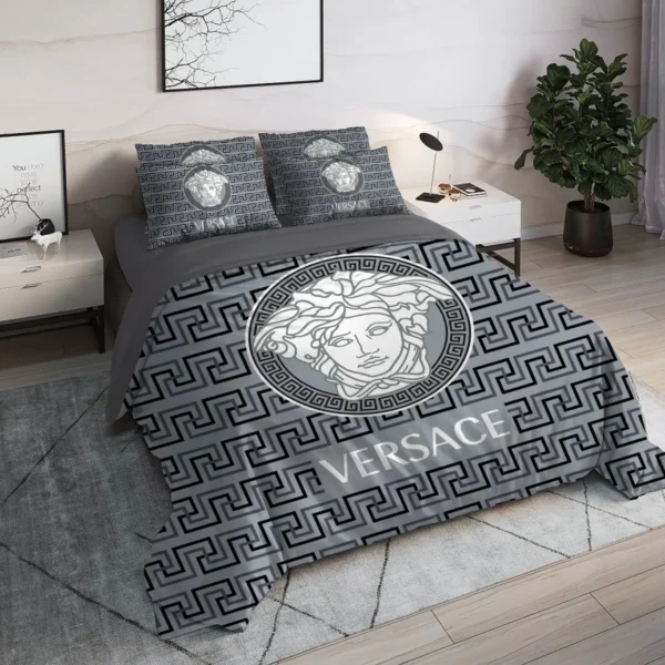 Versace Medusa Grey Luxury Brand High End Premium Bedding Sets Duvet Sheets Bedroom Blankets Bedspread